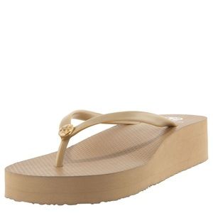 Tory Burch wedge thong sandal in tan, size 7.5. Good, used condition.